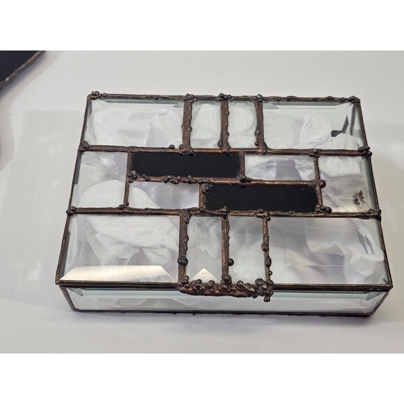 Antique Stained Glass Handmade Mirror Trinket Jewelry Box Vanity Set Art Deco - Picture 10 of 15